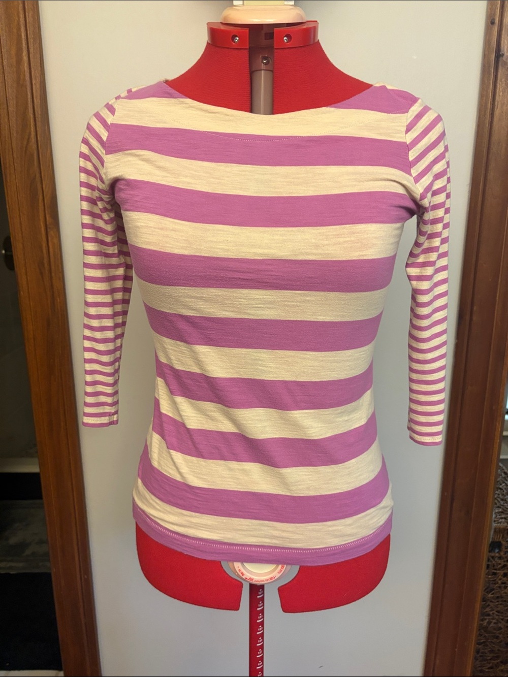 Striped Pink and Cream Boatneck 3/4 Long Sleeve Top Sz Small